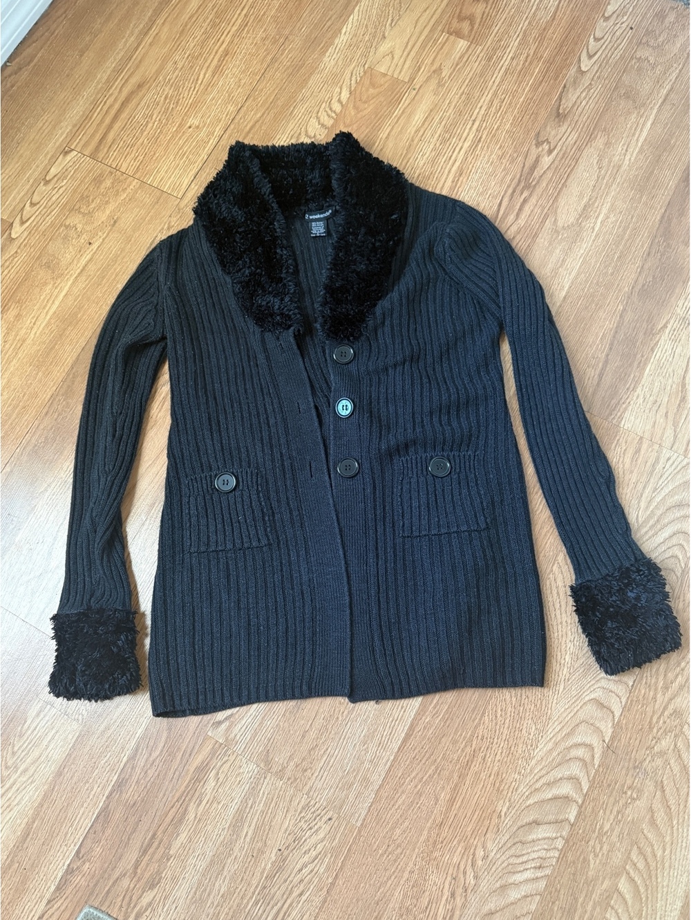 52 Weekends Black Ribbed Cardigan with Faux Fur Collar and Cuffs, Size L